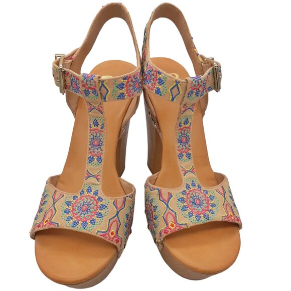 Gianni Bini Embroidered Mandala Faux Wood Clog Platform Sandals SZ 8.5 - Picture 5 of 16